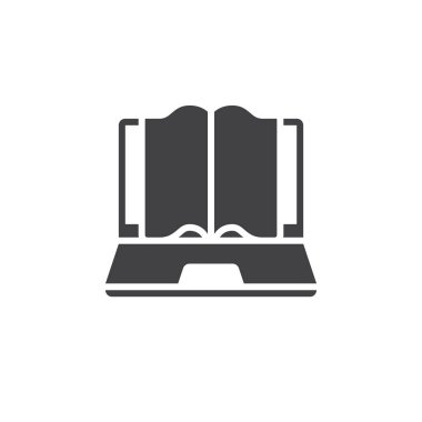 Online eğitim simge vektör, kitap sağlam logosu, beyaz, piksel mükemmel illüstrasyon izole piktogram ile dizüstü bilgisayar