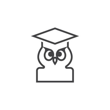 Okul ve eğitim sembolü. Baykuş mezuniyet şapka hat simgesi, Anahat vektör işareti, doğrusal piktogram beyaz izole. Logo illüstrasyon