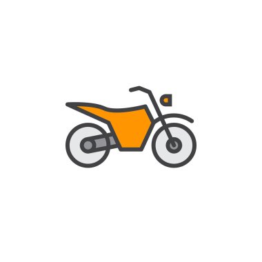 Dirt bike satırı simgesi, motosiklet doldurulmuş Anahat vektör işareti, üzerinde beyaz izole doğrusal renkli sembol. Logo illüstrasyon