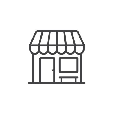 Salonu, Pazar satırı simgesi, Anahat vektör işareti, doğrusal piktogram beyaz izole. Logo illüstrasyon