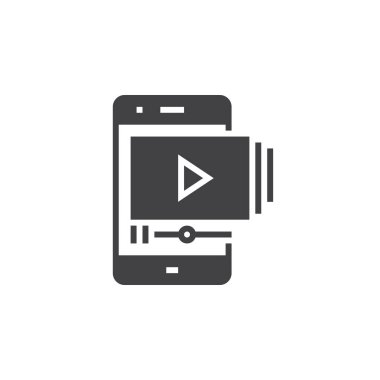Cep telefonu ile video oynatıcı simge vektör, katı logo illüstrasyon, üzerinde beyaz izole piktogram