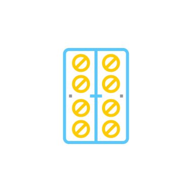 Tablet sembolü. Bir Vakumlu ambalaj satırı simgesi, Anahat vektör logo illüstrasyon, doğrusal renkli sembol üzerinde beyaz izole hap