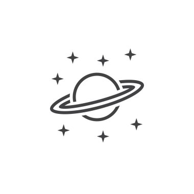 Astronomi satırı simgesi, Satürn gezegeni Anahat vektör logo, doğrusal piktogram beyaz, piksel mükemmel illüstrasyon izole