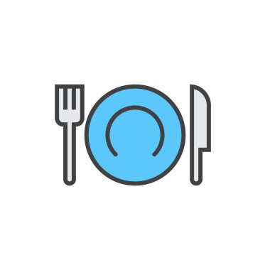 Tabak çatal ve bıçak satırı simgesi, sofra Anahat vektör işareti, üzerinde beyaz izole doğrusal renkli sembol dolu. Logo illüstrasyon