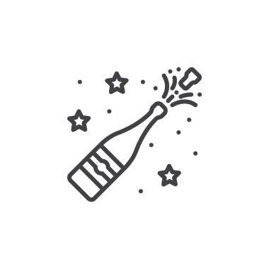 Şampanya pop satırı simgesi, Anahat vektör işareti, doğrusal piktogram beyaz izole. Logo illüstrasyon