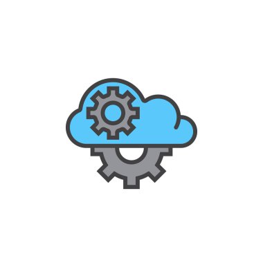 Bulut Dişli satırı simgesi, Anahat vektör işareti, üzerinde beyaz izole doğrusal renkli sembol dolu. Logo illüstrasyon