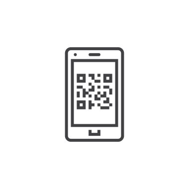 QR Code Smartphone üzerinde satırı simgesi, Anahat vektör işareti, doğrusal piktogram beyaz izole. Logo illüstrasyon