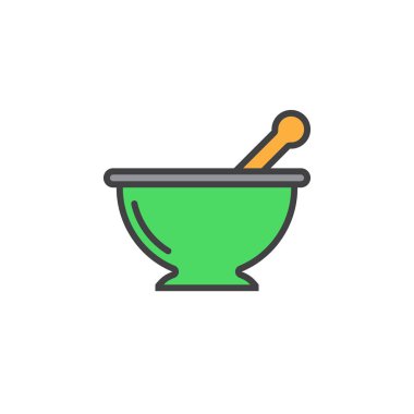 Satırı simgesi, harç ve havaneli mutfak pounder Anahat vektör işareti, üzerinde beyaz izole doğrusal renkli sembol dolu. Logo illüstrasyon