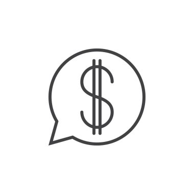 Dolar işareti satırı simgesi, Anahat vektör simgesi, doğrusal piktogram beyaz izole konuşma balonu. Logo illüstrasyon