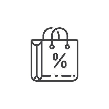 İndirim, çanta satırı simgesi alışveriş, Anahat vektör işareti, doğrusal piktogram beyaz izole. Logo illüstrasyon