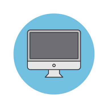 Masaüstü bilgisayar ince çizgi kutsal kişilerin resmi, lcd ekran Anahat vektör logo illüstrasyon, üzerinde beyaz izole doğrusal renkli sembol dolu.