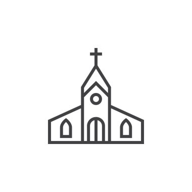 Kilise yapı ikonu, ana hatlar vektör işareti, beyaz üzerine izole edilmiş doğrusal piktogram. logo illüstrasyonu