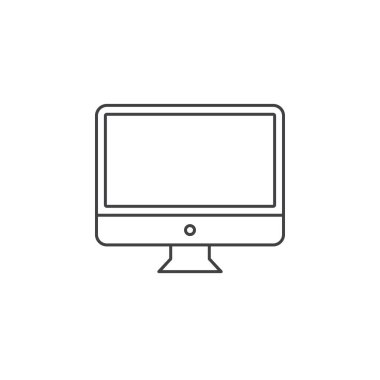 Masaüstü bilgisayar ince çizgi kutsal kişilerin resmi, lcd ekran anahattı vektör logo illüstrasyon, doğrusal piktogram beyaz izole