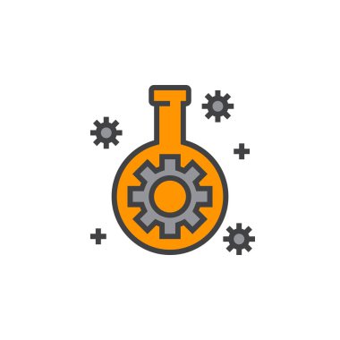 Teknoloji laboratuvar şişesi Dişli satırı simgesi ile doldurulmuş Anahat vektör işareti, üzerinde beyaz izole doğrusal renkli sembol. Logo illüstrasyon