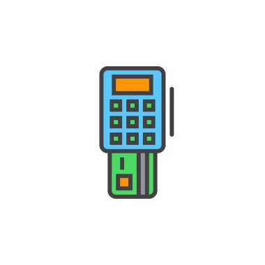 POS terminal hattını simgesi, doldurulmuş Anahat vektör işareti, üzerinde beyaz izole doğrusal renkli sembol. Logo illüstrasyon