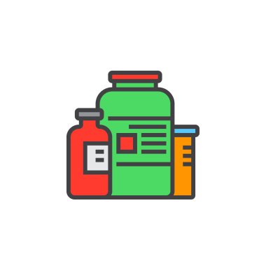 beslenme takviyeleri satırı simgesi, doldurulmuş Anahat vektör işareti, üzerinde beyaz izole doğrusal renkli sembol. Logo illüstrasyon