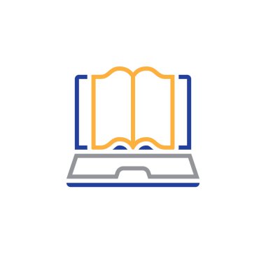 Online eğitim satırı simgesi, kitap Anahat vektör logosu, doğrusal piktogram beyaz, piksel mükemmel illüstrasyon izole ile dizüstü bilgisayar