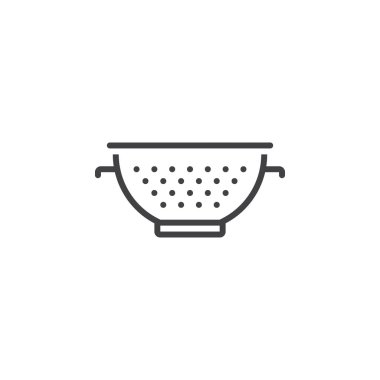 Kevgir satırı simgesi, makarna süzgeci Anahat vektör işareti, doğrusal piktogram beyaz izole. Logo illüstrasyon