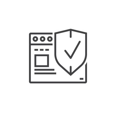 Internet güvenlik sembolü. Koruma kalkanı satırı simgesi ile örümcek ağı kaş, Anahat vektör işareti, doğrusal piktogram beyaz izole. Logo illüstrasyon