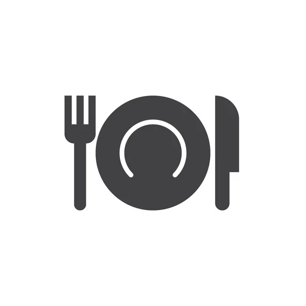 プレートのフォークとナイフのアイコン ベクトル 食器いっぱいフラット記号 ホワイト ロゴの図に分離された固体のピクトグラム — ストックベクタ