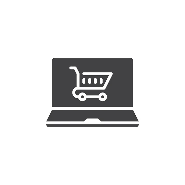 オンライン ショップ ラップトップ ショッピング カート アイコン ベクトルいっぱいフラット記号 ホワイト ロゴの図に分離された固体のピクトグラム — ストックベクタ
