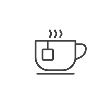 Çay fincanı satırı simgesi, çay Kupası Anahat vektör işareti, doğrusal piktogram beyaz izole. Logo illüstrasyon