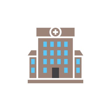 Hastane sembolü. Bina simge vektör, katı logo illüstrasyon, renkli sembol üzerinde beyaz izole Kliniği