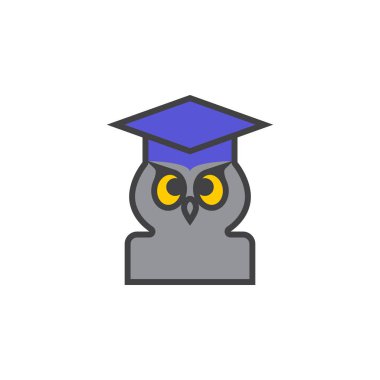 Okul ve eğitim sembolü. Baykuş mezuniyet şapka hat simgesi, doldurulmuş Anahat vektör işareti, üzerinde beyaz izole doğrusal renkli sembol. Logo illüstrasyon