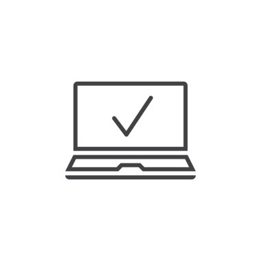 onay işareti satırı simgesi ile dizüstü bilgisayar, Anahat vektör işareti, doğrusal piktogram beyaz izole. Logo illüstrasyon