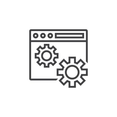 Web sitesi ayarları simgesi. Web tarayıcı ve vites satırı simgesi, Anahat vektör işareti, doğrusal piktogram beyaz izole. Logo illüstrasyon