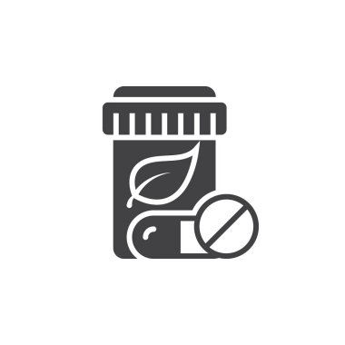 Bitkisel ilaç sembolü. Simge vektör yaprak, katı logo illüstrasyon, üzerinde beyaz izole piktogram hapı şişesiyle