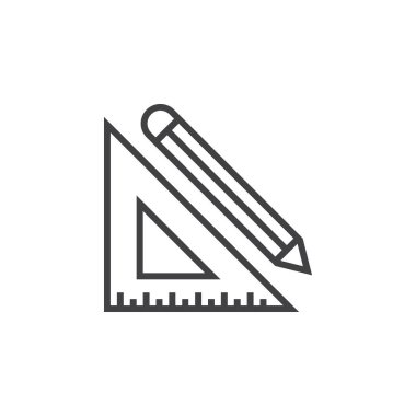 Kalem ve cetveli satırı simgesi, Anahat vektör logosu, doğrusal piktogram beyaz, piksel mükemmel illüstrasyon izole