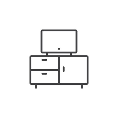 TV stand satırı simgesi, Anahat vektör işareti, doğrusal piktogram beyaz izole. Logo illüstrasyon