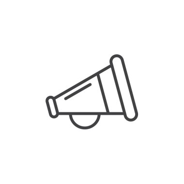 Promosyon sembol. Megafon satırı simgesi, Anahat vektör işareti, doğrusal piktogram beyaz izole. Logo illüstrasyon