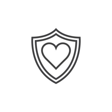 sağlık sembol. kalkan ve kalp satırı simgesi, Anahat vektör logo illüstrasyon, doğrusal piktogram beyaz izole