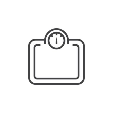 Ağırlık ölçek satırı simgesi, Anahat vektör işareti, doğrusal piktogram beyaz izole. Logo illüstrasyon