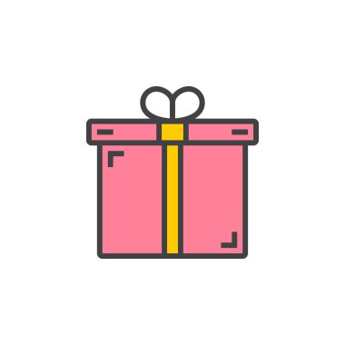 Hediye, mevcut satırı simgesi, Anahat vektör işareti, üzerinde beyaz izole doğrusal renkli sembol dolu. Logo illüstrasyon