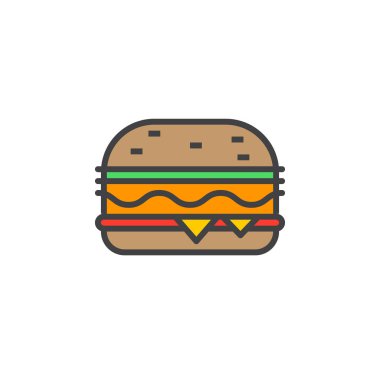 Fast food sembolü. Hamburger satırı simgesi, burger Anahat vektör işareti, beyaz, logo illüstrasyon izole doğrusal renkli sembol dolu.