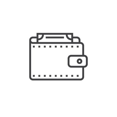 Cüzdan, çanta satırı simgesi, Anahat vektör işareti, doğrusal piktogram beyaz izole. Logo illüstrasyon