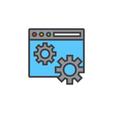 Web sitesi ayarları simgesi. Web tarayıcı ve vites satırı simgesi, doldurulmuş Anahat vektör işareti, üzerinde beyaz izole doğrusal renkli sembol. Logo illüstrasyon