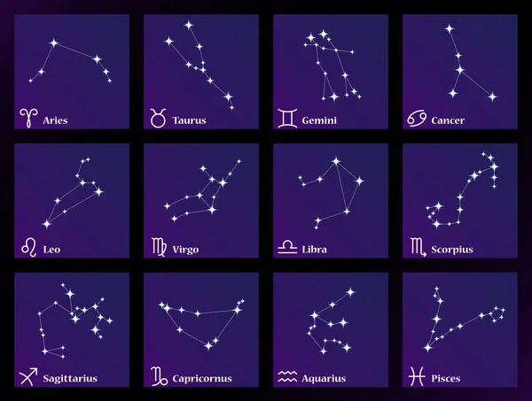 Zodiakalny Konstelacje Wektor Ilustracja Znaki Zodiaku Zestaw Horoskop Leo Virgo — Wektor stockowy
