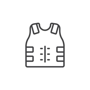 Kurşun geçirmez yelek, vücut zırh çizgisi simgesi, dış hatlar vektör işareti, beyaz üzerine izole edilmiş doğrusal piktogram. Sembol, logo illüstrasyonu