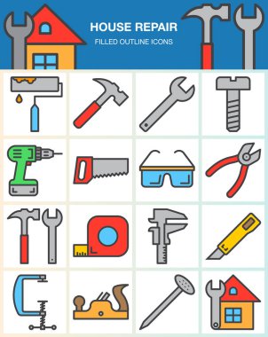 Ev onarım ve inşaat satır Icons set. El aletleri ev yenileme için Anahat vektör simgesi toplama, doğrusal renkli piktogram paketi üzerinde beyaz izole dolu. İşaretler, logo illüstrasyon