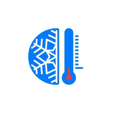 Düz işareti, üzerinde beyaz izole katı renkli sembol simge vektör, termometre ve kar tanesi dolu. Düşük sıcaklık sembolü, logo illüstrasyon