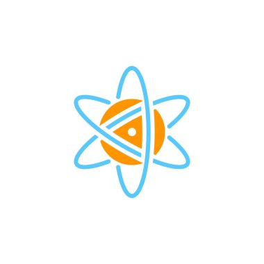 Atom simge vektör, düz işareti, üzerinde beyaz izole katı renkli sembol dolu. Sembol, logo illüstrasyon