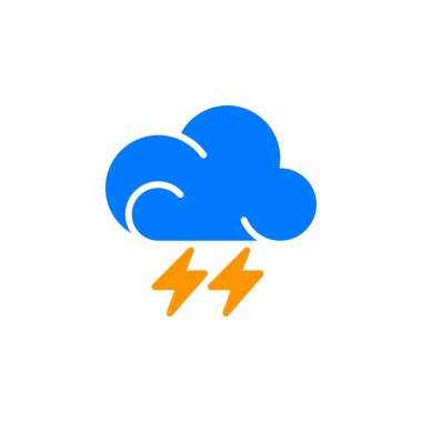 Yıldırım simge vektör, dolu düz işareti, üzerinde beyaz izole katı renkli sembol. Fırtına hava tahmini sembolü, logo illüstrasyon