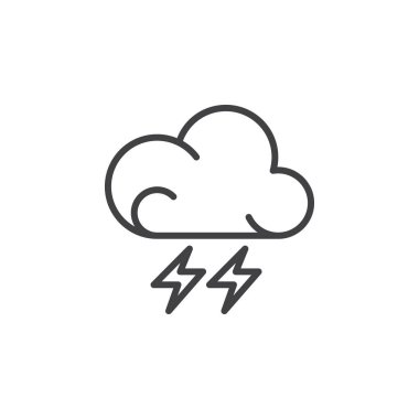 Yıldırım satırı simgesi, Anahat vektör işareti, doğrusal piktogram beyaz izole. Fırtına hava tahmini sembolü, logo illüstrasyon