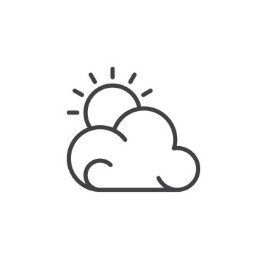 Satırı simgesi, Güneş ve bulut Anahat vektör işareti, doğrusal piktogram beyaz izole. Parçalı bulutlu hava tahmini sembolü, logo illüstrasyon