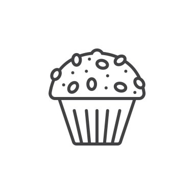 Cupcake satırı simgesi, Anahat vektör işareti, doğrusal piktogram beyaz izole. Logo illüstrasyon