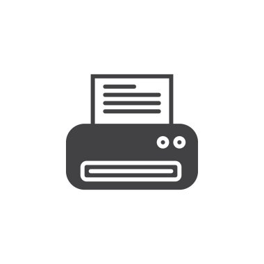 Yazıcı simgesi vektör, düz işareti, üzerinde beyaz izole katı piktogram dolu. Sembol, logo illüstrasyon